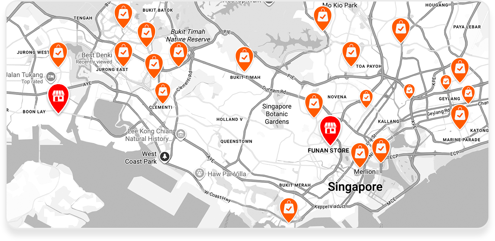 Map of W Network store and retail locations across Singapore