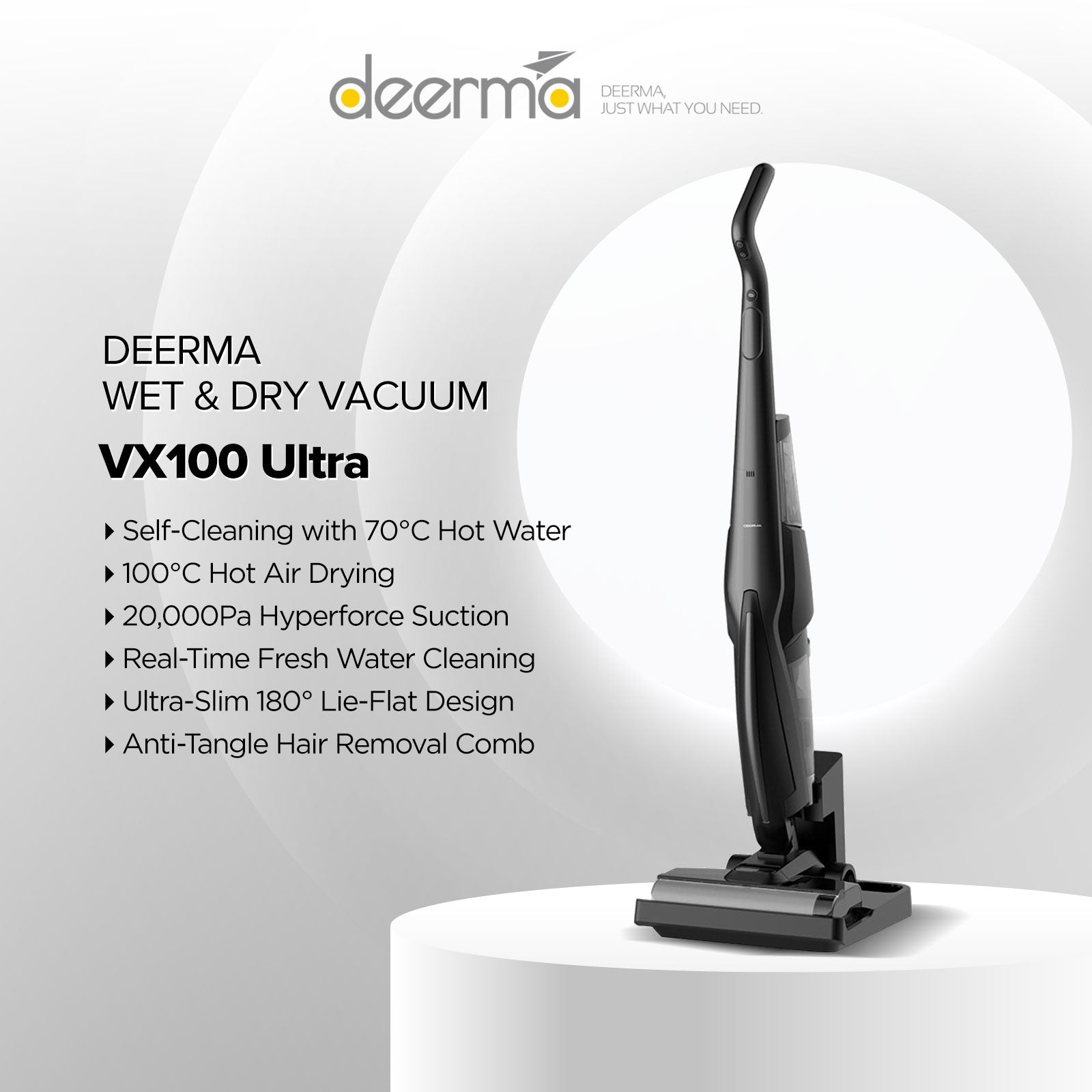 Deerma VX100 Ultra Cordless Wet & Dry Vacuum, 20,000Pa Suction, Self-Cleaning with 70°C Hot Water, 180° Lie-Flat Design, Anti-Tangle Hair Removal