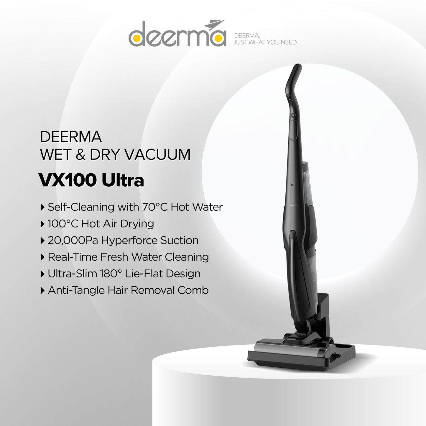 Deerma VX100 Ultra Cordless Wet & Dry Vacuum, 20,000Pa Suction, Self-Cleaning with 70°C Hot Water, 180° Lie-Flat Design, Anti-Tangle Hair Removal