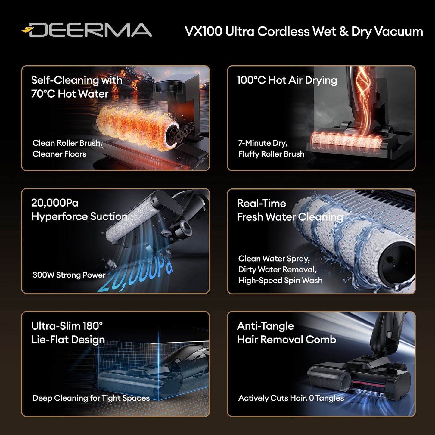 Deerma VX100 Ultra Cordless Wet & Dry Vacuum, 20,000Pa Suction, Self-Cleaning with 70°C Hot Water, 180° Lie-Flat Design, Anti-Tangle Hair Removal