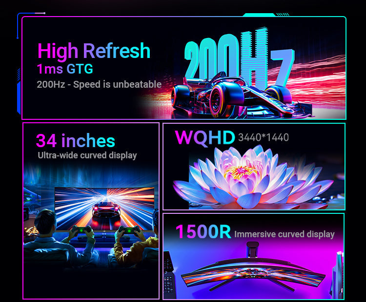 Titan Army 34" WQHD Ultra-Wide Curved Monitor, 200Hz High Refresh, 1500R Curve, 99% sRGB, Low Blue light