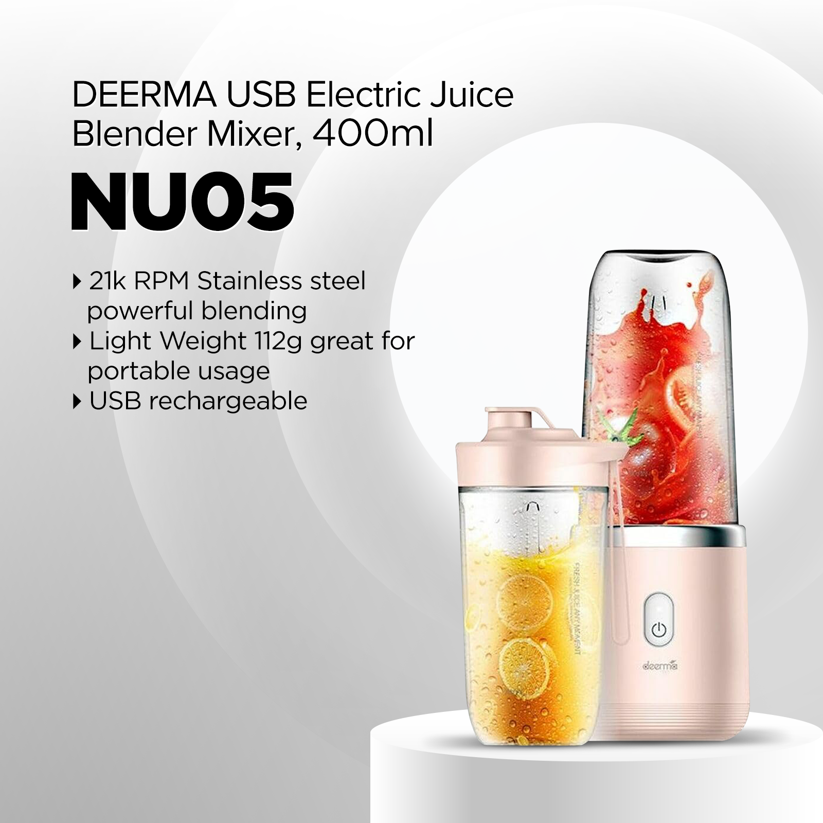 Deerma Blender NU05 Mini Juicer Wireless Portable 400ml, usb rechargeable_ PCTG Food Grade _ Portable Travel Juicer Cup
