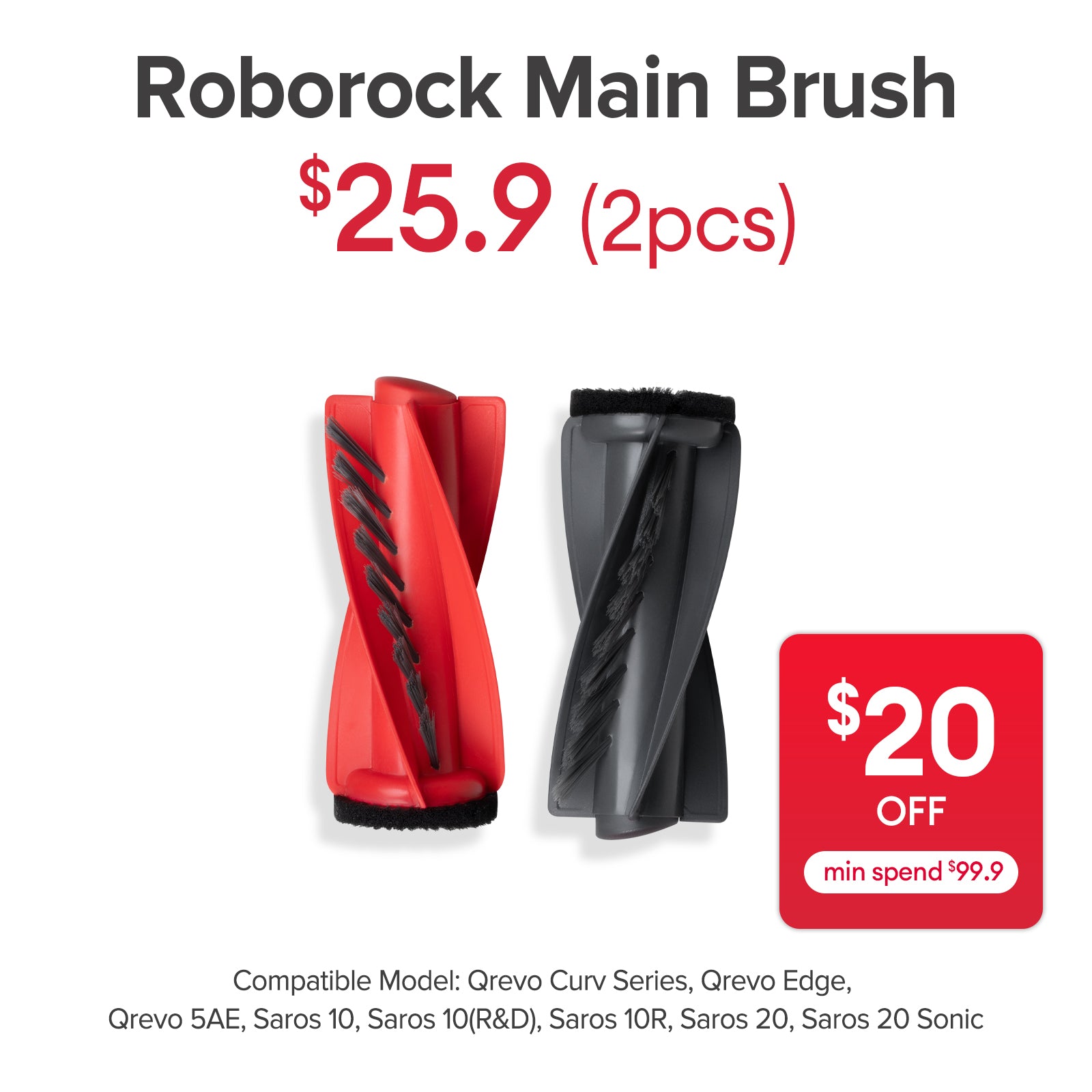 Main Brush for Roborock Qrevo Curv Series, Qrevo Edge, Qrevo 5AE, Saros 10&10R,Saros 10 R&D, Saros 20, Saros 20 Sonic, Saros 20 R&D