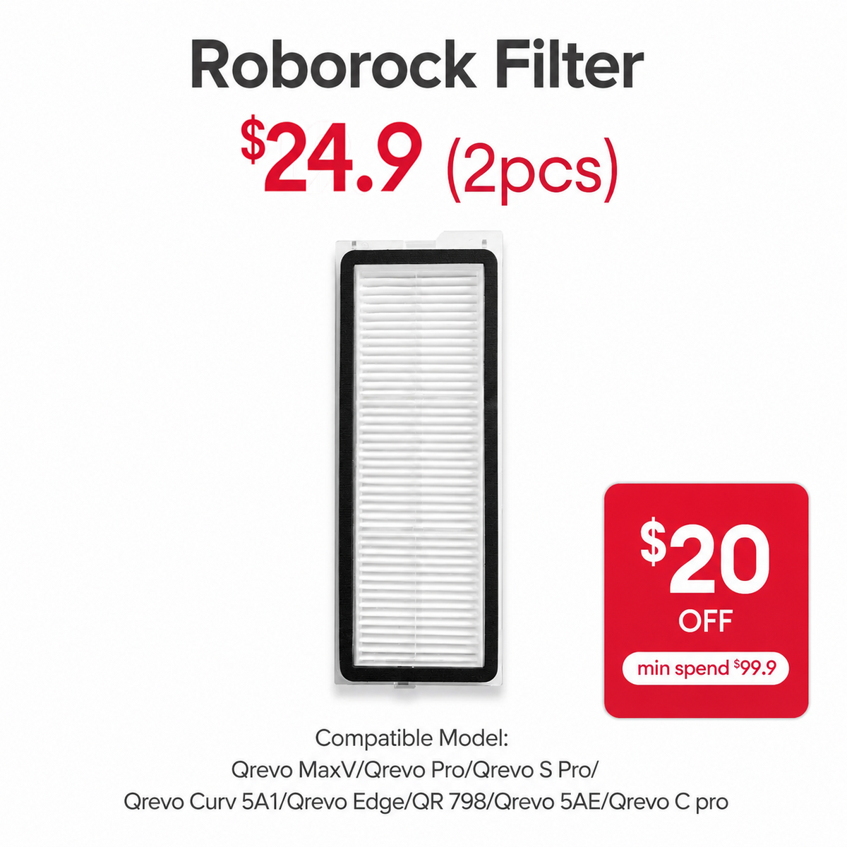 Filter for Roborock Qrevo MaxV/Qrevo S Pro/Qrevo Curv/Qrevo Curv 5A1/Qrevo Edge/QR 798/Qrevo 5AE/Qrevo C Pro - SGD 24.90