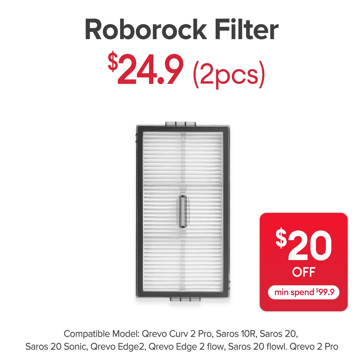 Filter for Roborock Saros 10R/20/20 Sonic, Qrevo Curv 2 Pro, Qrevo Edge, Qrevo Edge 2 - SGD 24.90