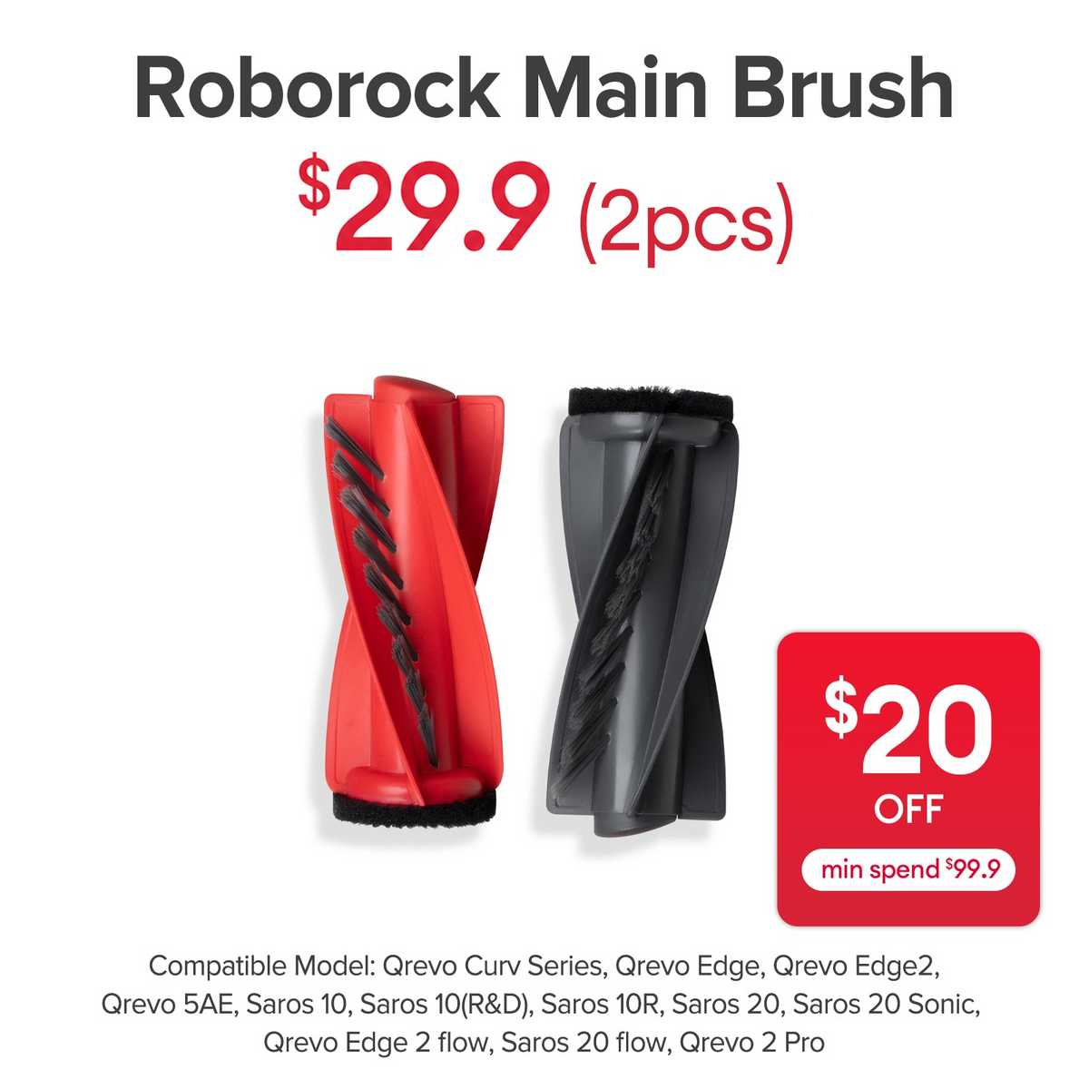 Main Brush for Roborock Qrevo Curv Series, Qrevo Edge, Qrevo Edge 2, Qrevo 5AE, Saros 10/10R/20/20 Sonic - SGD 29.90