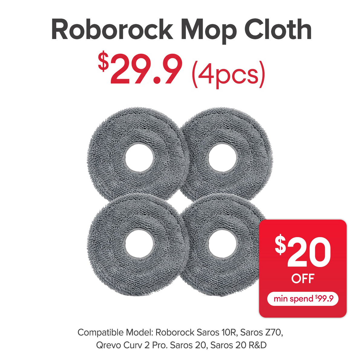 Mop Cloth for Roborock Roborock Saros 10R/Saros Z70/Saros 20/Saros 20 R&D/Qrevo Curv 2 Pro - SGD 29.90