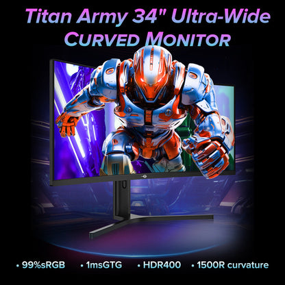Titan Army 34" WQHD Ultra-Wide Curved Monitor, 200Hz High Refresh, 1500R Curve, 99% sRGB, Low Blue light