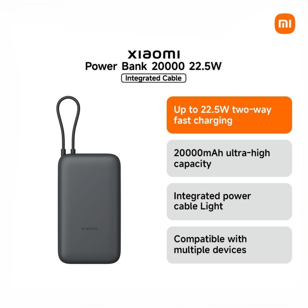 Xiaomi Power Bank 20000mAh (Integrated Cable) | Up to 22.5W two-way fast charging, 20000mAh ultra-high capacity