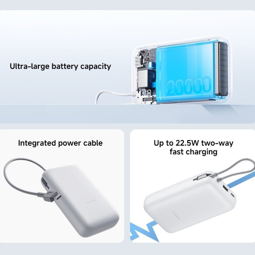 Xiaomi Power Bank 20000mAh (Integrated Cable) | Up to 22.5W two-way fast charging, 20000mAh ultra-high capacity