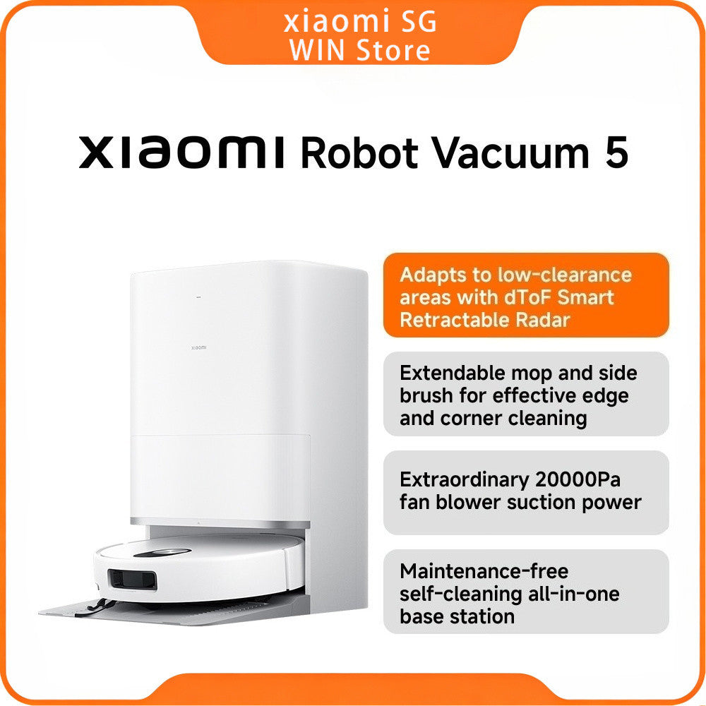 Xiaomi Robot Vacuum 5 |20000Pa deep suction, Adapts to low areas, Extendable mop+side brush, Anti-tangle brushes