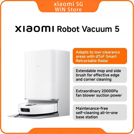 Xiaomi Robot Vacuum 5 |20000Pa deep suction, Adapts to low areas, Extendable mop+side brush, Anti-tangle brushes