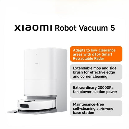 Xiaomi Robot Vacuum 5 |20000Pa deep suction, Adapts to low areas, Extendable mop+side brush, Anti-tangle brushes