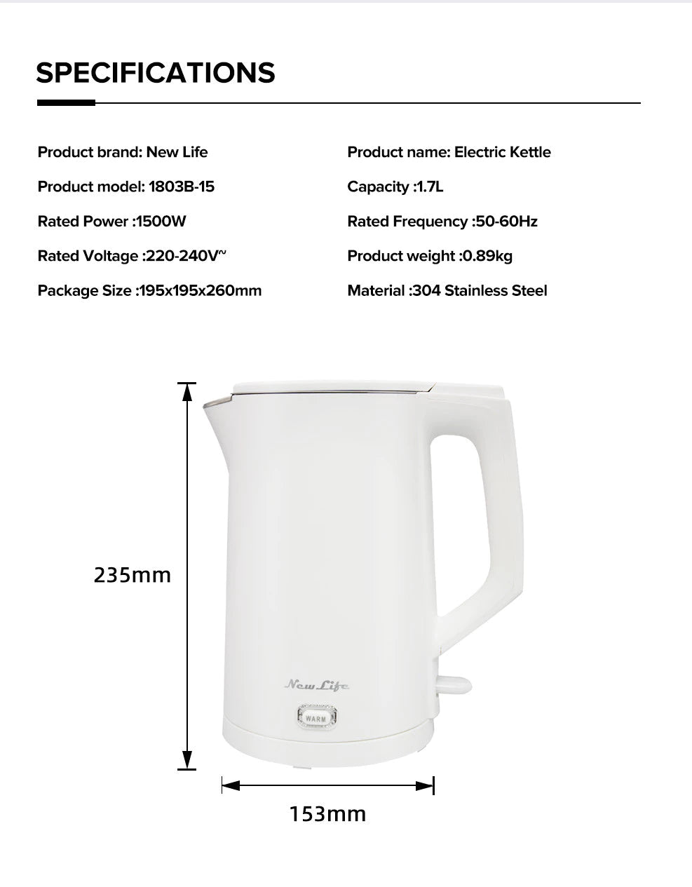 Newlife Electric Kettle B-15 1500w 304 Stainless Steel Auto Power Off Boil-Dry Protection Temperature holding