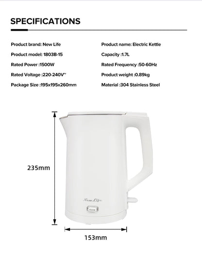 Newlife Electric Kettle B-15 1500w 304 Stainless Steel Auto Power Off Boil-Dry Protection Temperature holding