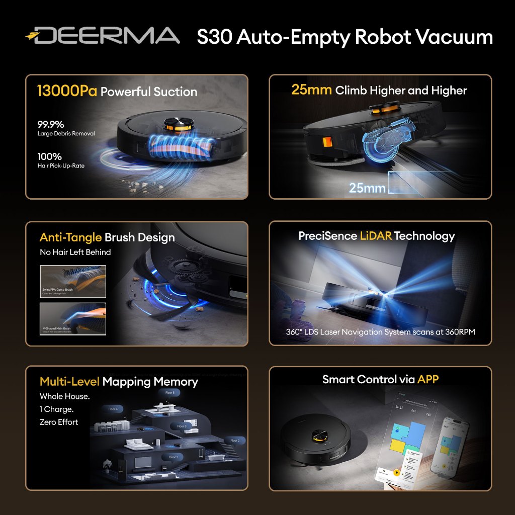 Ready Stock SG Deerma S30 Robot Vacuum 13000Pa Anti Tangle Brush Auto Dust EU 2 Pin
