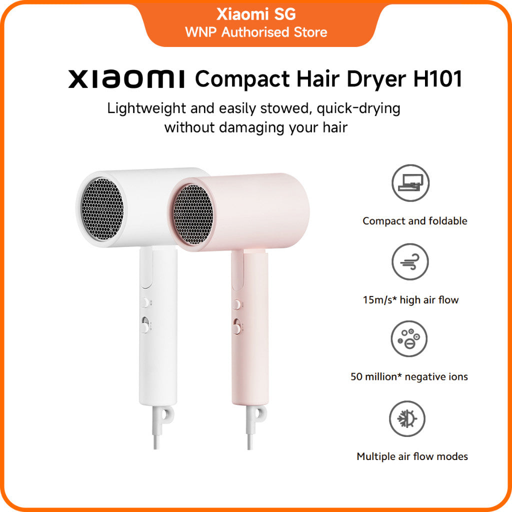 Xiaomi Compact Hair Dryer H101 | 1600W Foldable Travel Dryer | 20,000 RPM Motor | 15m/s Airflow | 50M Negative Ions