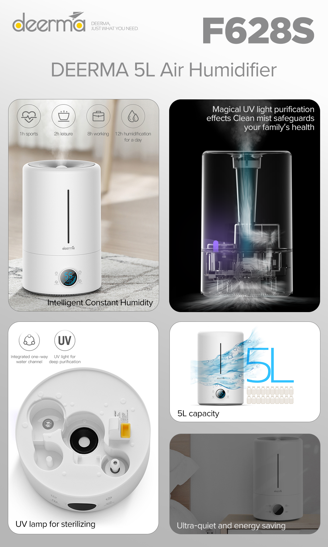 Deerma F628S 5L Air Humidifier Quiet Operation, Silent Ultrasonic, ABS Quality , LED Screen