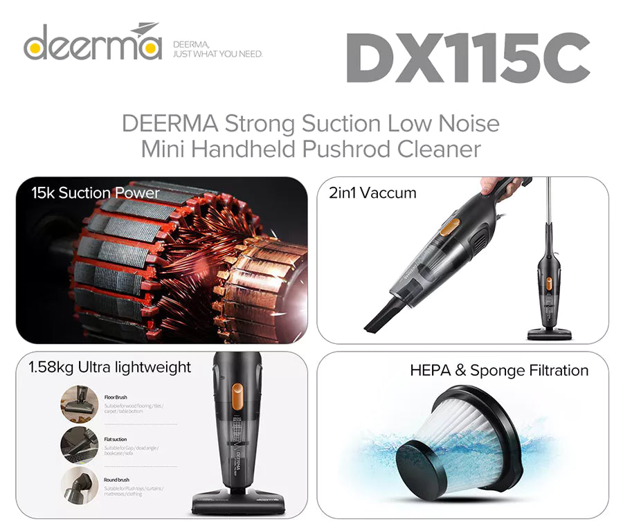 Deerma Vacuum cleaner DX115C Strong Suction Low NoiseMini Handheld Pushrod Cleaner