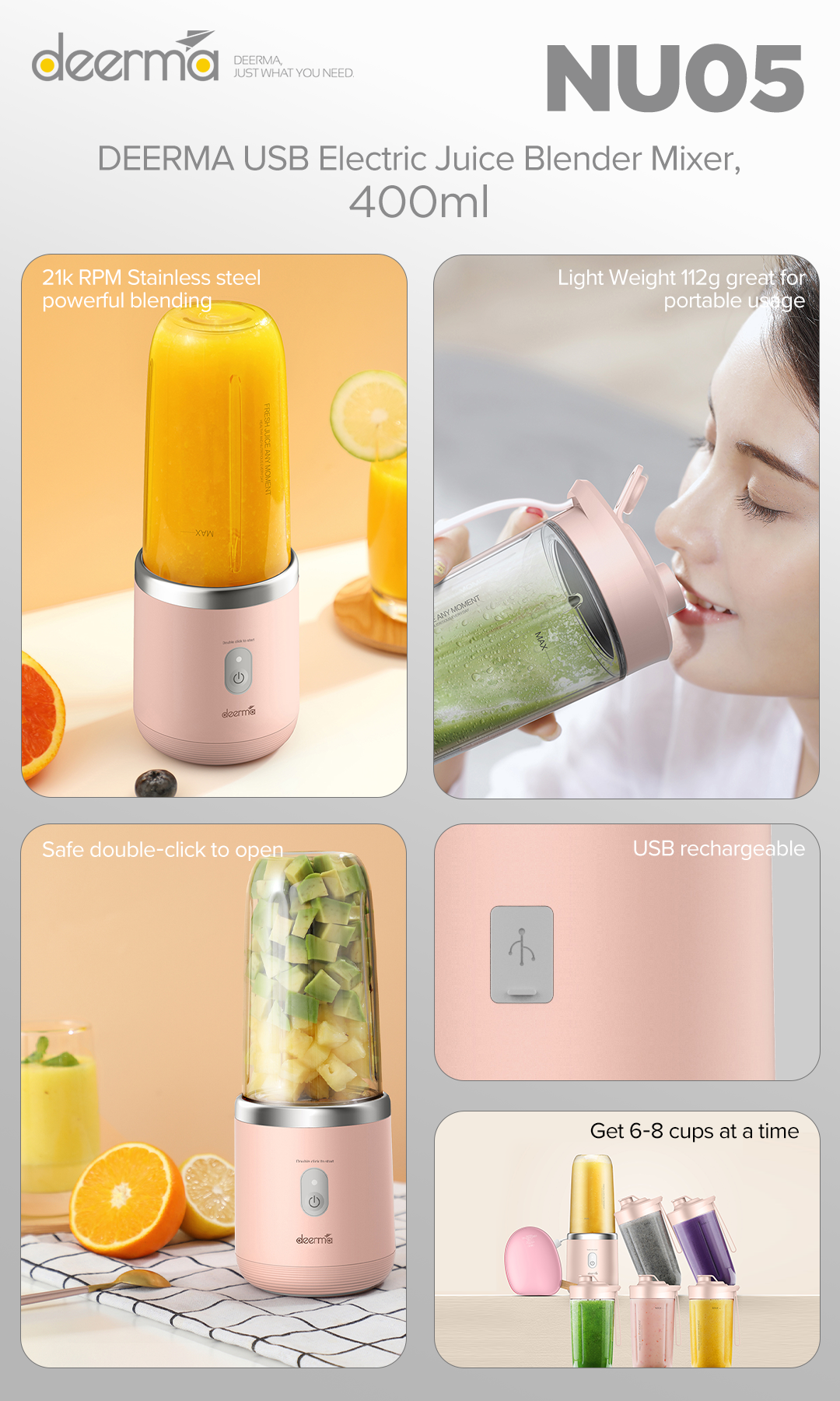 Deerma Blender NU05 Mini Juicer Wireless Portable 400ml, usb rechargeable_ PCTG Food Grade _ Portable Travel Juicer Cup