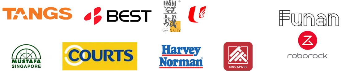 Retail channels including Tangs, Best Denki, Gain City, FairPrice, Funan, Mustafa, Courts, Harvey Norman, Audio House and Roborock